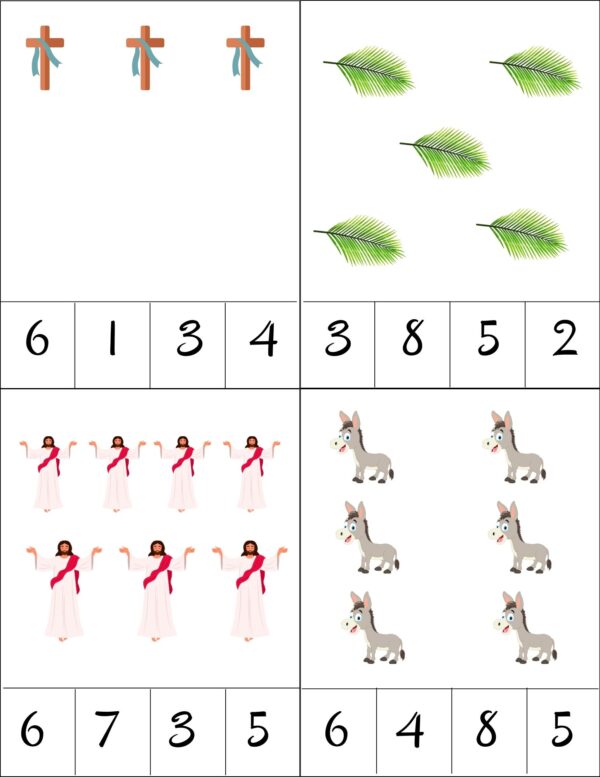 A number-matching worksheet where children count and match the correct number to images of Jesus, donkeys, crosses, and palm leaves.