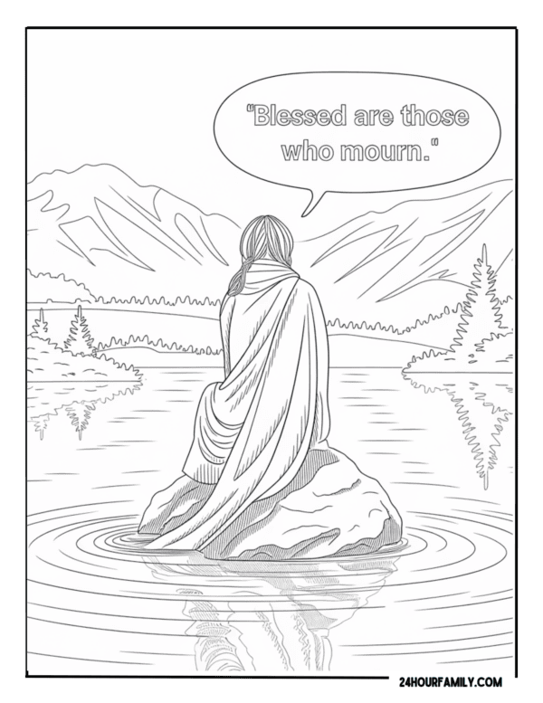 Coloring page of a robed figure sitting on a rock