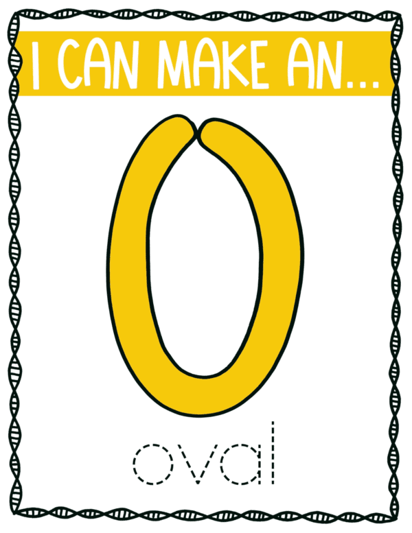 An oval shape made with thick yellow lines, with the text "I CAN MAKE AN... oval."