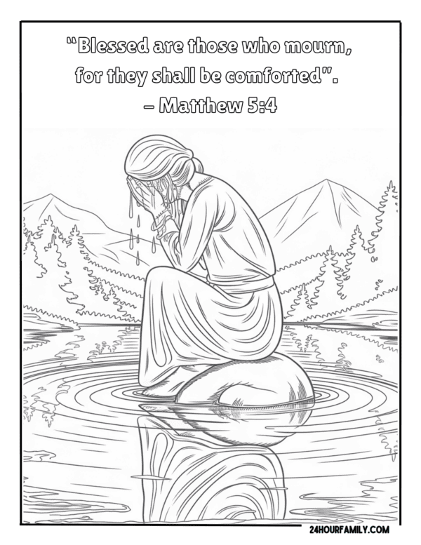 Coloring page of a crying woman sitting on a rock in water