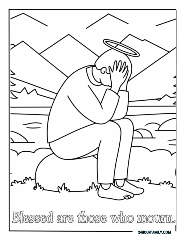 Coloring page of a grieving man with a halo, sitting on a rock.
