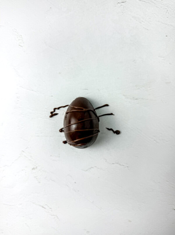 A chocolate egg drizzled with melted chocolate, creating a deliciously glossy and decorative effect.