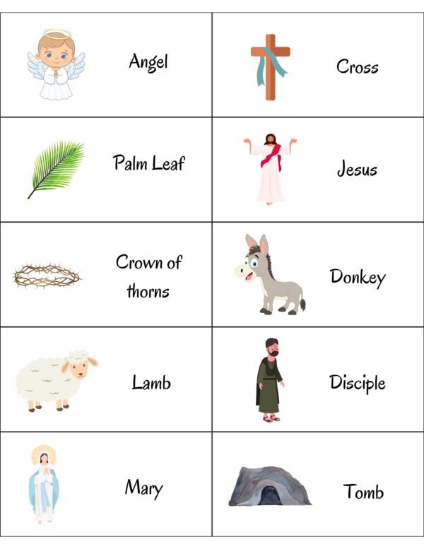 A set of illustrated flashcards with Easter-themed words, including an angel, cross, palm leaf, Jesus, crown of thorns, donkey, lamb, disciple, Mary, and tomb.