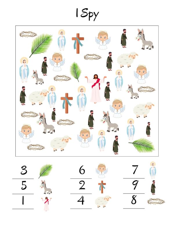 A search-and-find game featuring various Easter-themed illustrations such as Jesus, angels, crosses, palm leaves, and donkeys, with numbered blanks for counting each item.