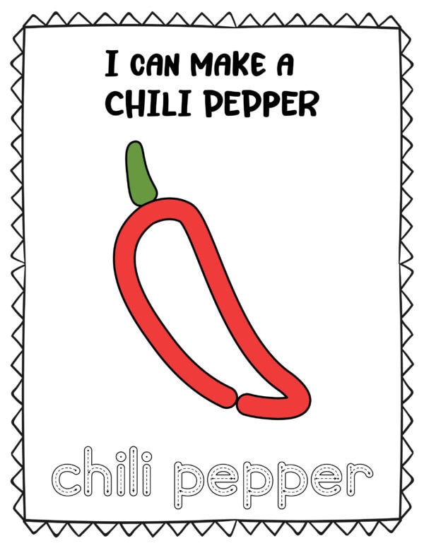 Printable of a red chili pepper with green stem, with the text "I can make a chili pepper" and tracing word "chili pepper."