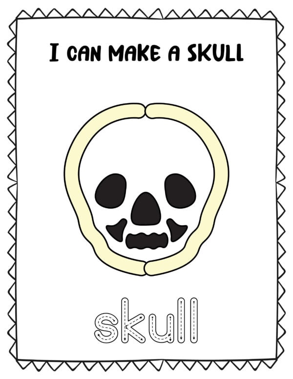 Printable of a simple skull illustration with the text "I can make a skull" and tracing word "skull."