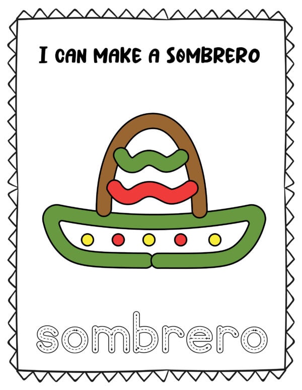Printable of a colorful sombrero with the text "I can make a sombrero" and tracing word "sombrero."