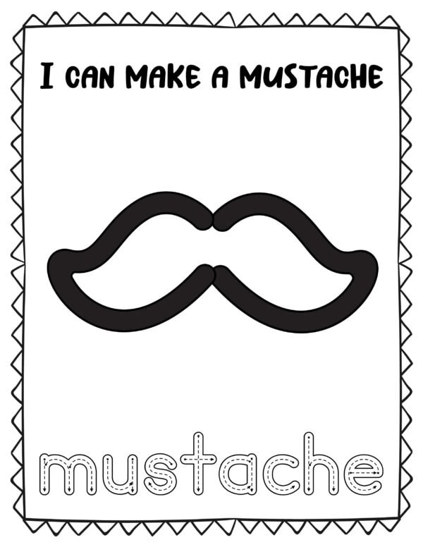 Black and white printable of a classic curled mustache with the text "I can make a mustache" and tracing word "mustache."
