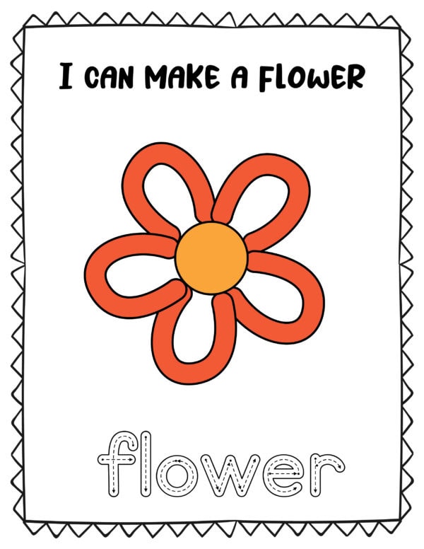 Printable of a red and orange flower with the text "I can make a flower" and tracing word "flower."