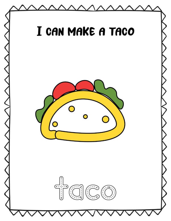 Printable of a colorful taco with lettuce and tomatoes, featuring the text "I can make a taco" and the tracing word "taco."