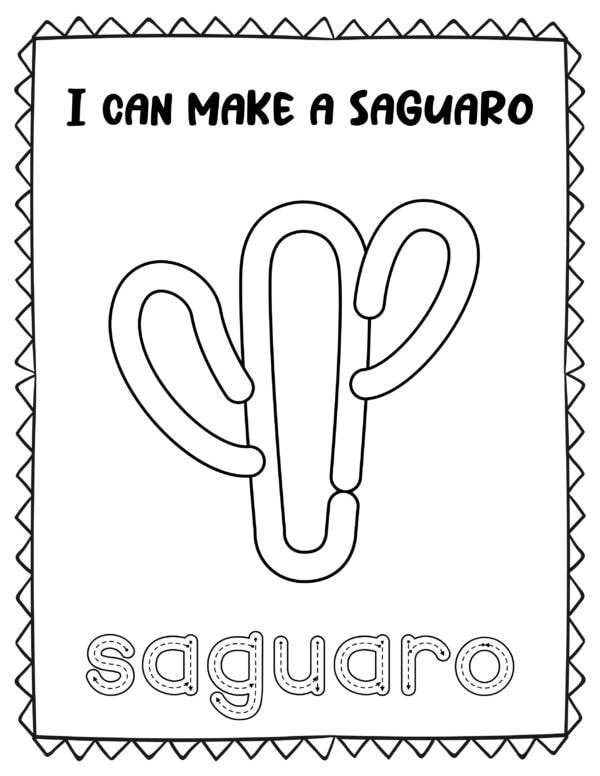 Black and white printable of a saguaro cactus with the text "I can make a saguaro" and tracing word "saguaro."