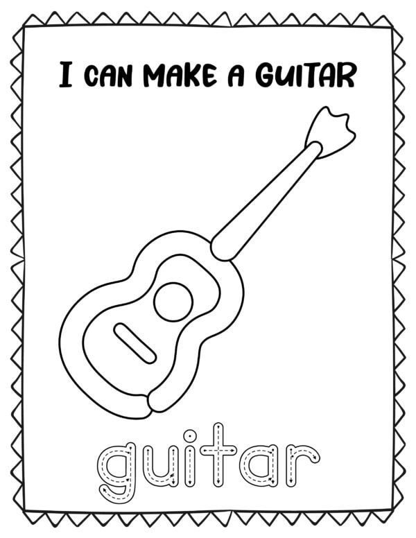 Black and white printable of a guitar with the text "I can make a guitar" and tracing word "guitar."