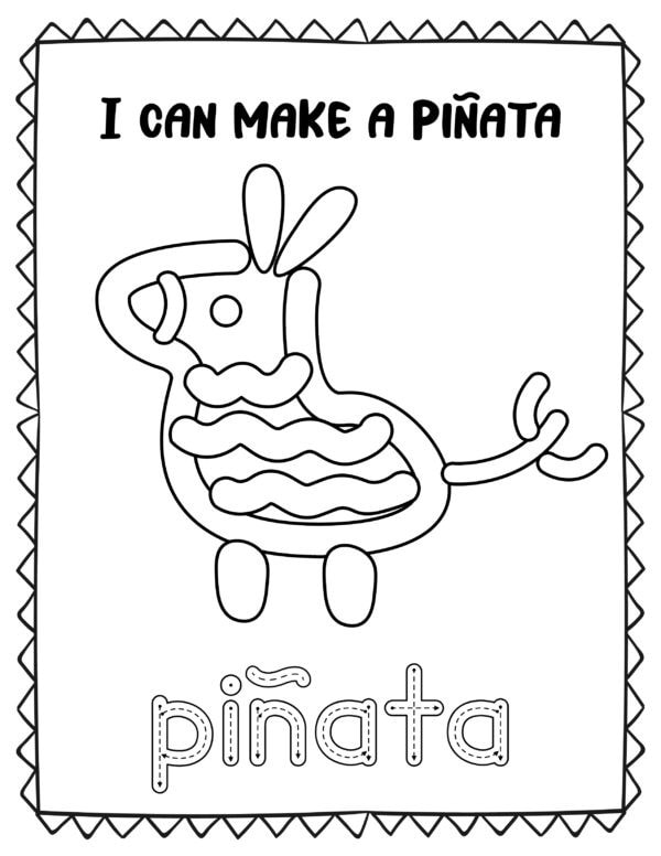 Black and white printable of a piñata shaped like a donkey with the text "I can make a piñata" and tracing word "piñata."
