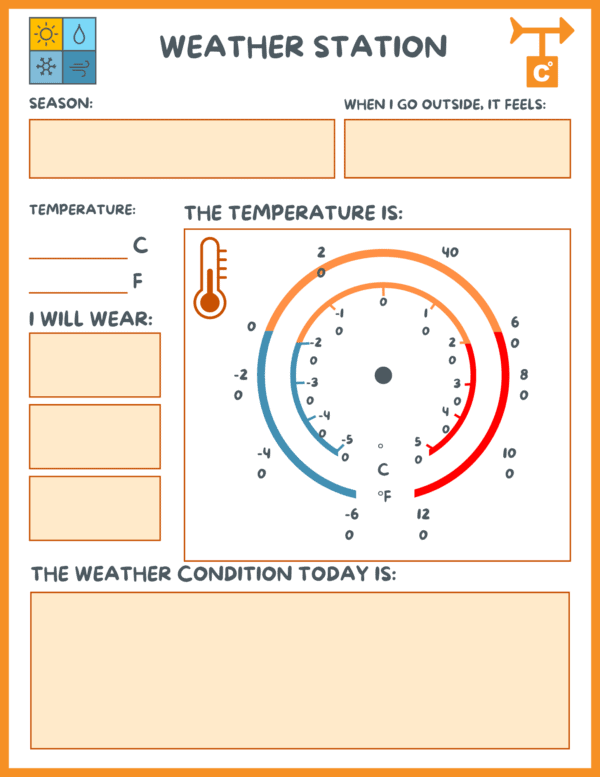 Blank weather station chart with spaces to fill in the season, temperature, clothing, and weather condition.