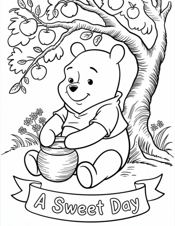 Pooh smiling with a honey pot under an apple tree.