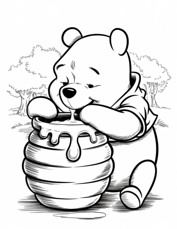 Pooh enjoying honey from a big overflowing pot in the meadow.