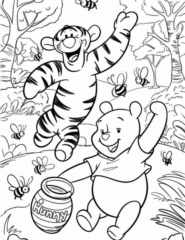 Tigger and Pooh celebrating with raised arms and a honey pot.