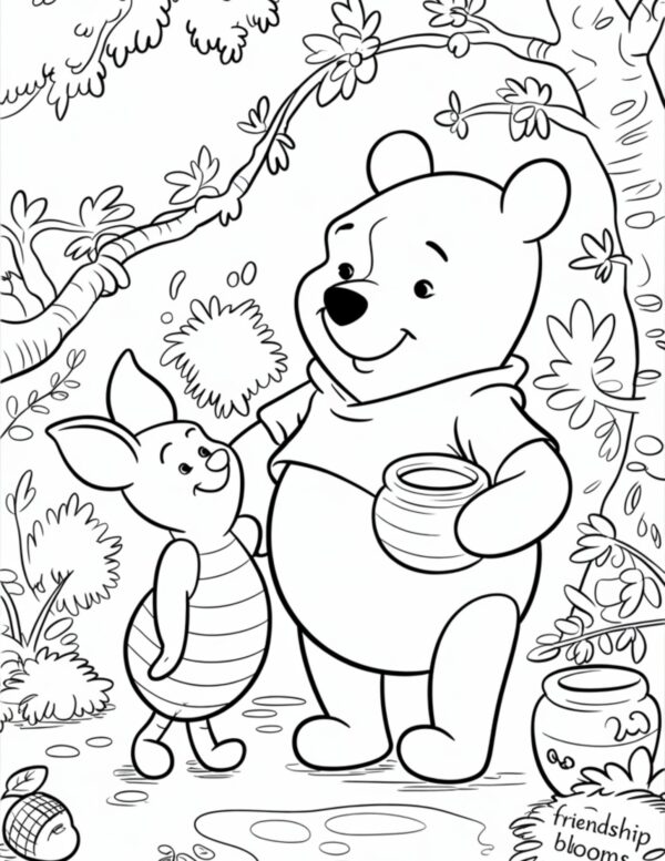Pooh and Piglet standing happily in a garden with honey nearby.
