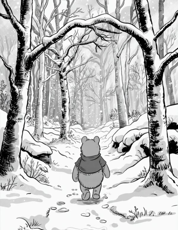 Pooh strolling quietly through a serene, snow-covered forest.