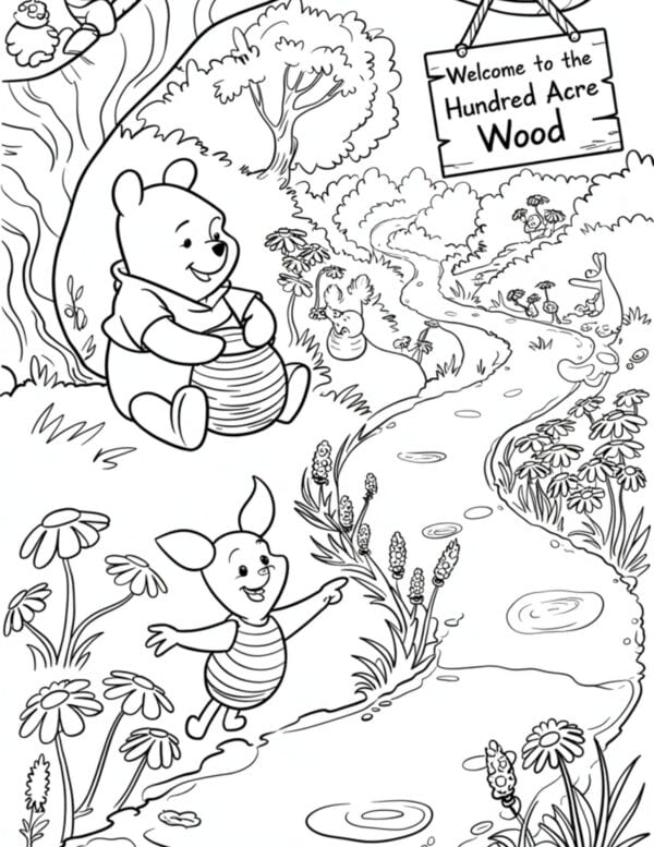 Pooh and Piglet exploring a path filled with flowers and forest animals.