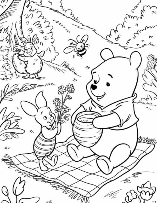 Pooh and Piglet sharing a joyful picnic with honey and blossoms.