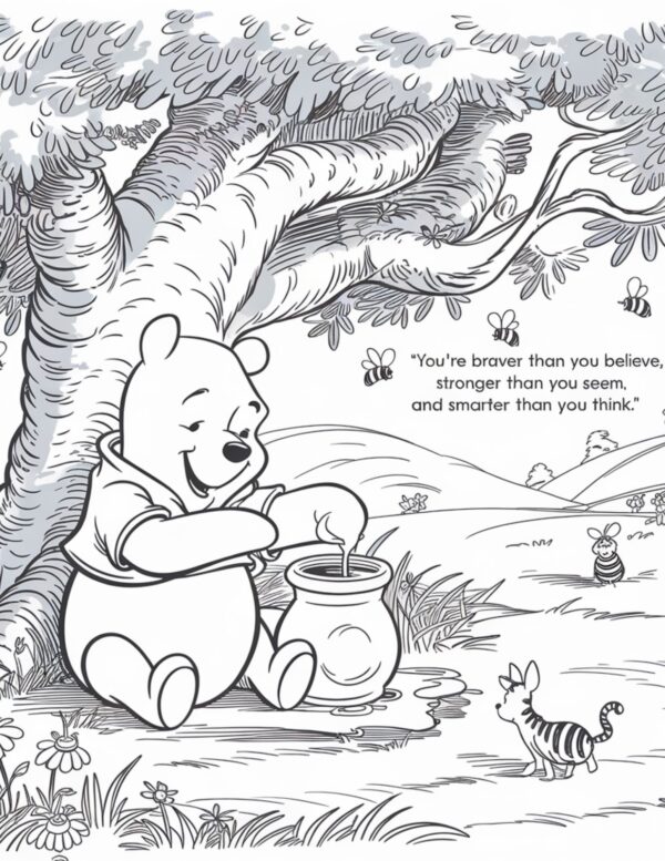 Pooh smiling with honey under a big tree, surrounded by nature and a motivational quote.