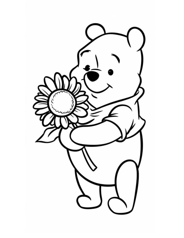 Pooh smiling sweetly while holding a sunflower.