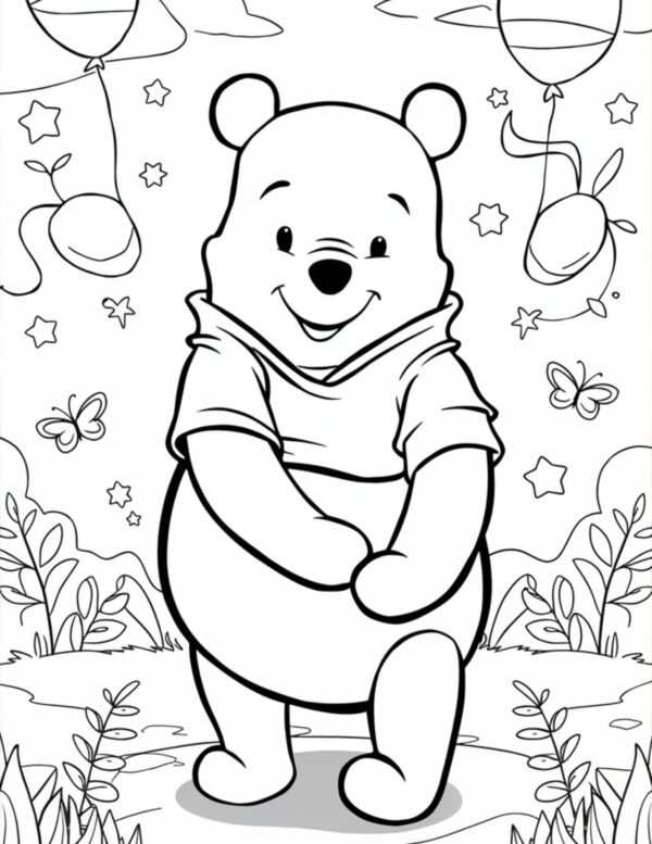 Pooh standing joyfully with balloons and stars in the background.