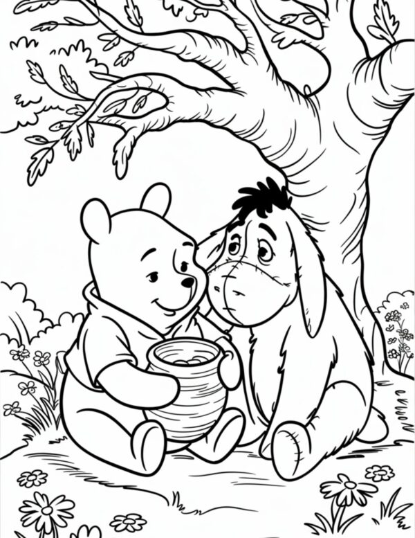 Pooh offering honey while sitting beside Eeyore under a branch.