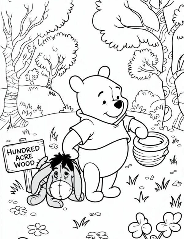 Pooh holding honey pots beside Eeyore under the forest trees.