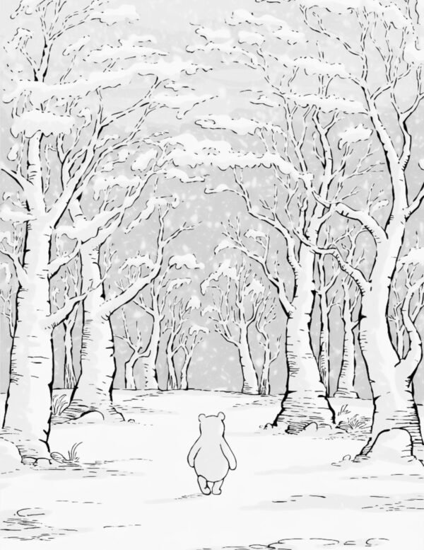Pooh wandering down a quiet, wintry forest road.

