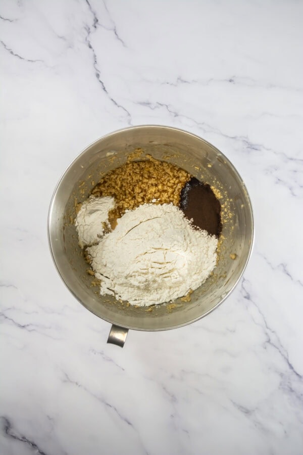 Mixing bowl with flour, brown sugar, and instant coffee.