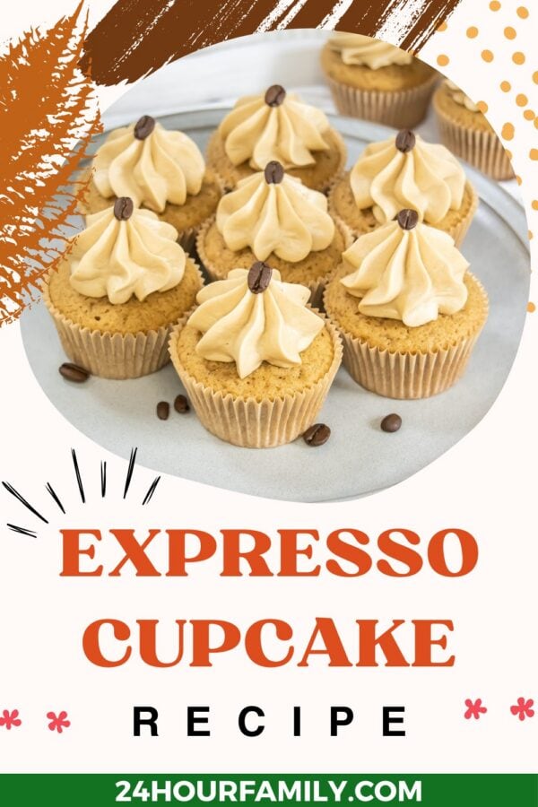 recipe graphic for espresso cupcakes with coffee frosting and coffee beans, labeled “Espresso Cupcake Recipe.”