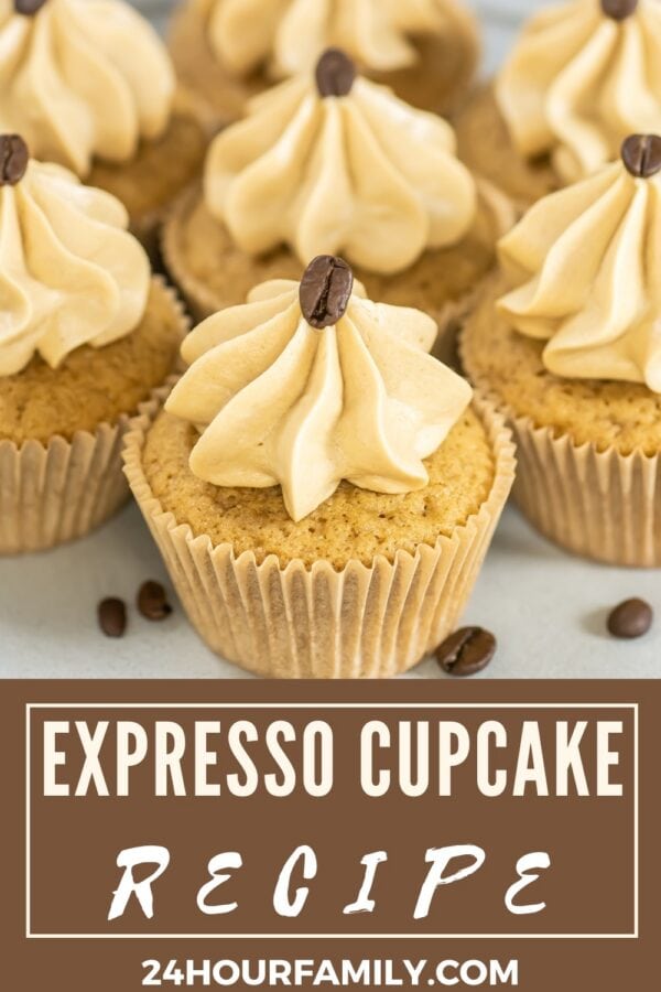 image showing espresso cupcakes with piped frosting and a coffee bean on top, labeled “Espresso Cupcake Recipe”
