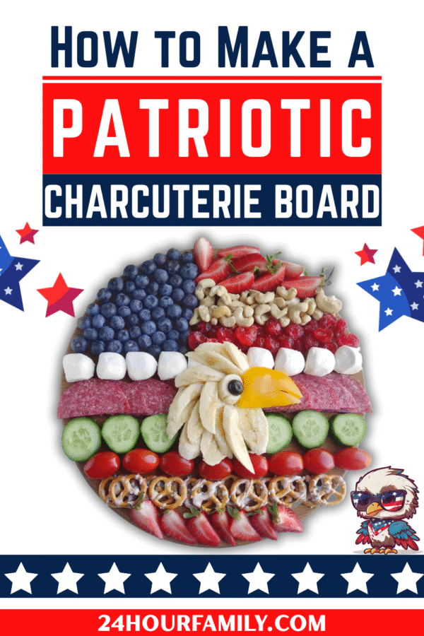 Star-spangled patriotic charcuterie board featuring an eagle design, surrounded by bold red, white, and blue graphics.