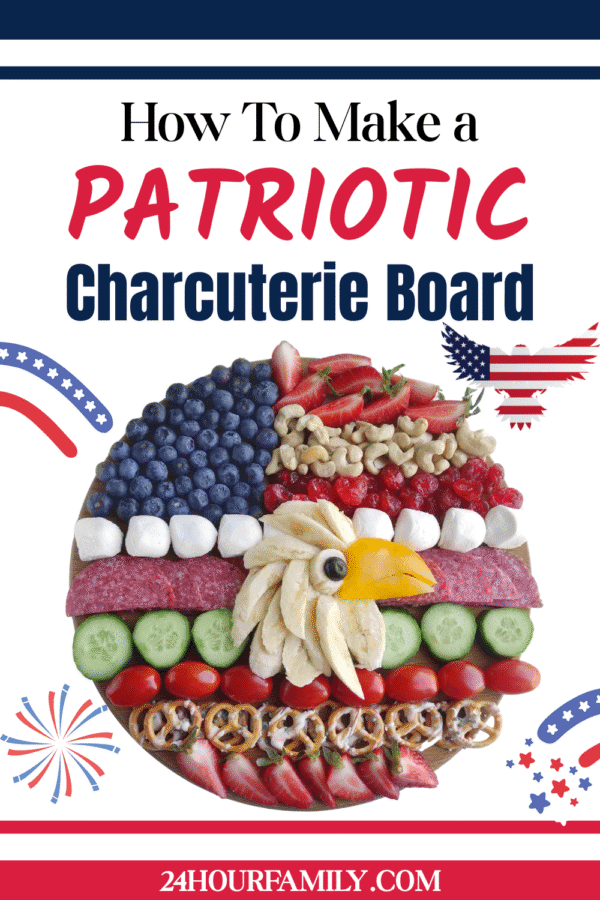 Patriotic charcuterie board with an eagle design made from fruits, veggies, and snacks, with red, white, and blue accents.