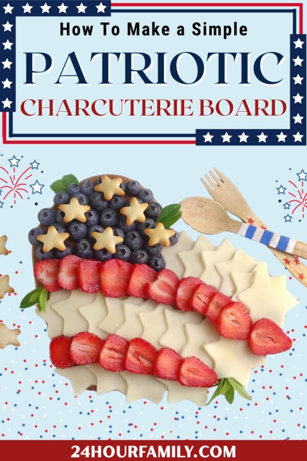 Patriotic charcuterie board arranged like an American flag with blueberries, cheese stars, and sliced strawberries on a light blue background with festive fireworks and utensils.