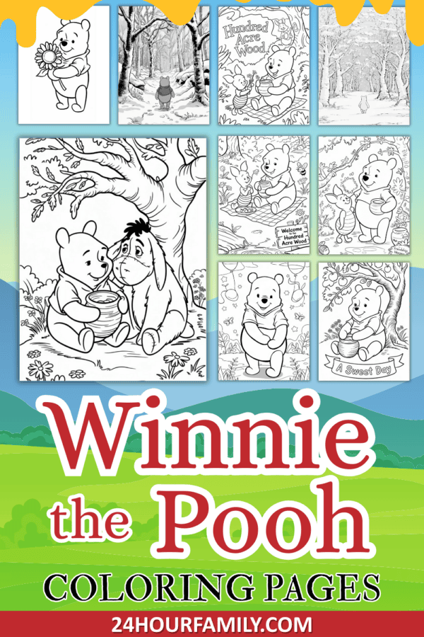 Collage of Winnie the Pooh coloring pages with various forest and friendship scenes.