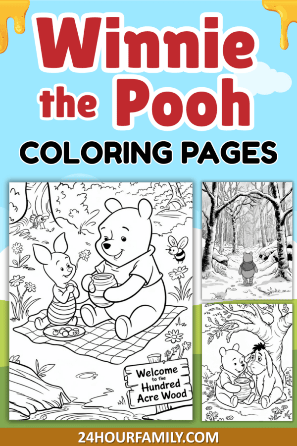 Winnie the Pooh coloring pages preview with Pooh, Piglet, and Eeyore scenes.
