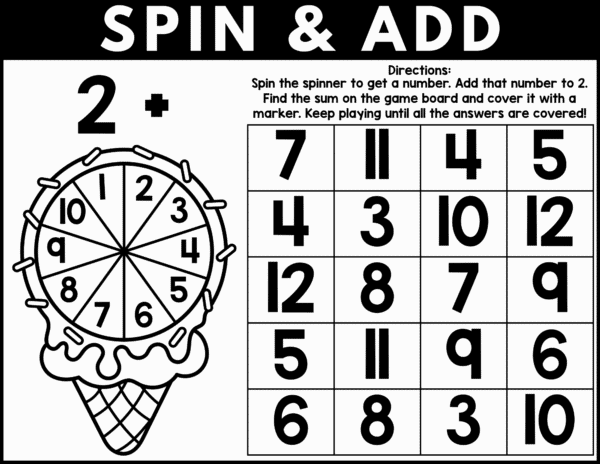 "Black and white Spin & Add worksheet for adding to number 2."