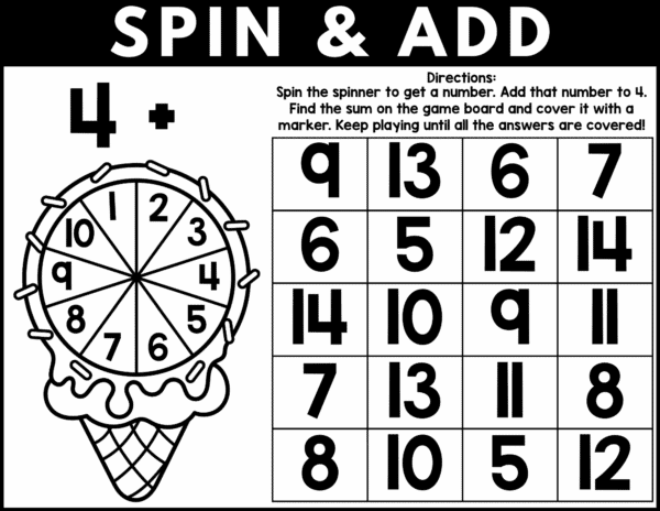 "Black and white Spin & Add worksheet for adding to number 4."