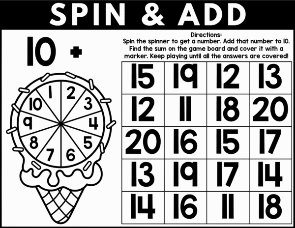 "Black and white Spin & Add worksheet for adding to number 10."