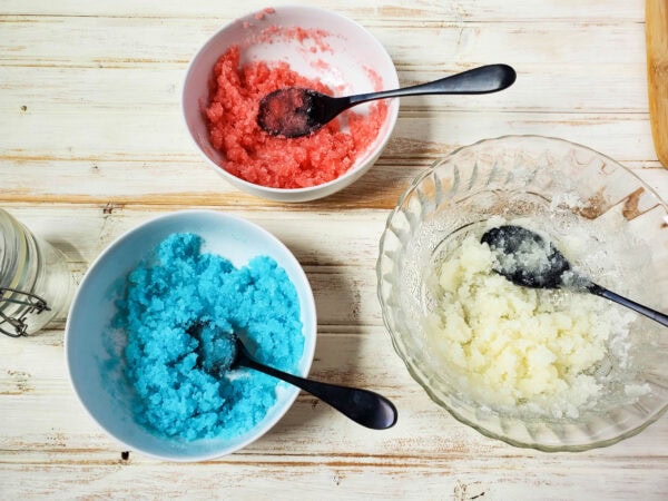 Red white and blue scrub in separate bowls