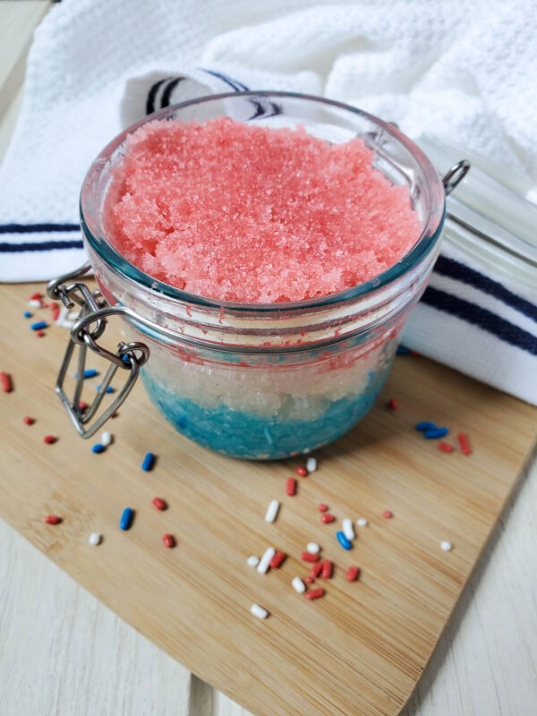 Layered sugar scrub in patriotic colors