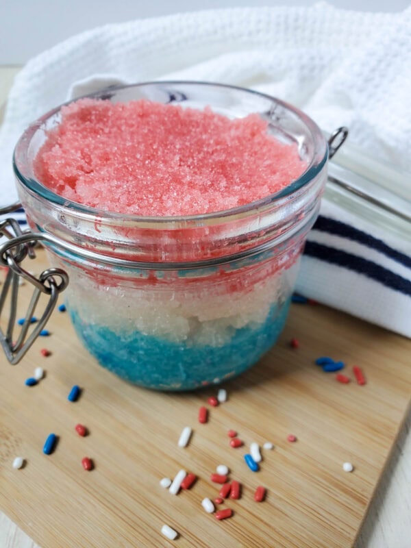Side view of patriotic sugar scrub jar