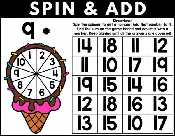 "Spin & Add game with color ice cream spinner and answer grid for adding to number 9."