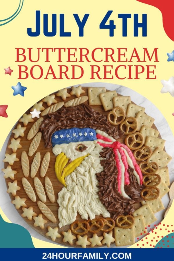 July 4th eagle buttercream board with bold red and blue text.