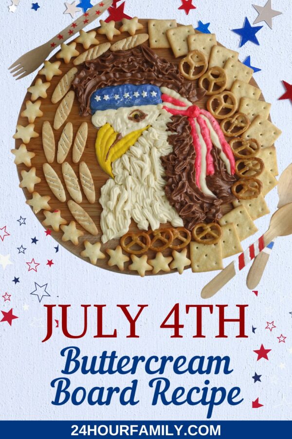 Round buttercream board with patriotic eagle design and crackers.
