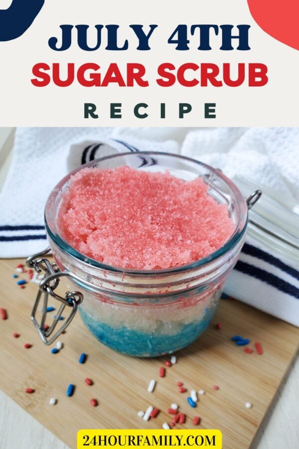Patriotic sugar scrub in glass jar with July 4th label