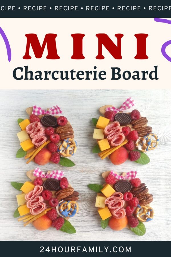 Mini charcuterie boards with cheese, fruit, and snacks on a white background with a recipe title.